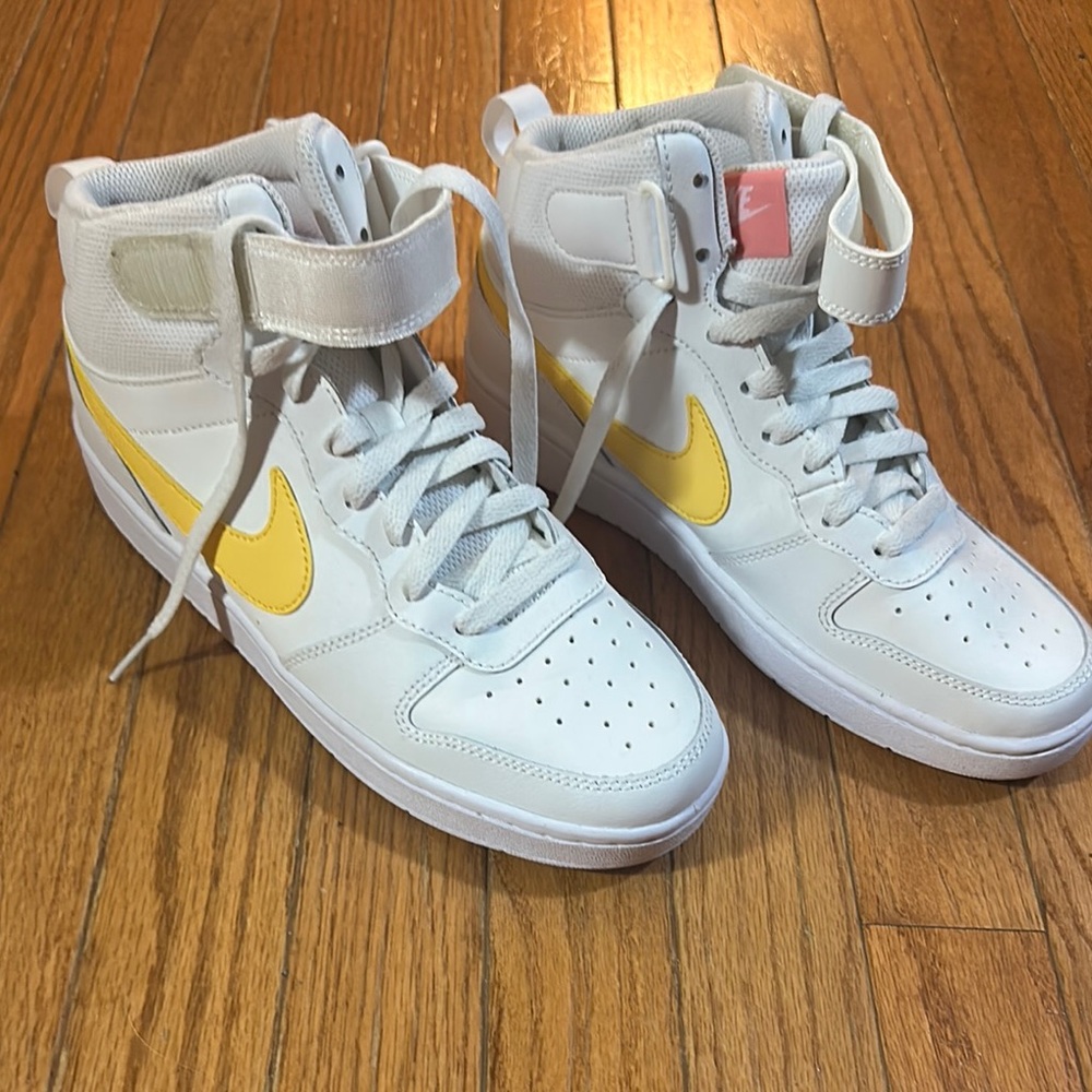 Nike White and Yellow High-Top Athletic Shoes